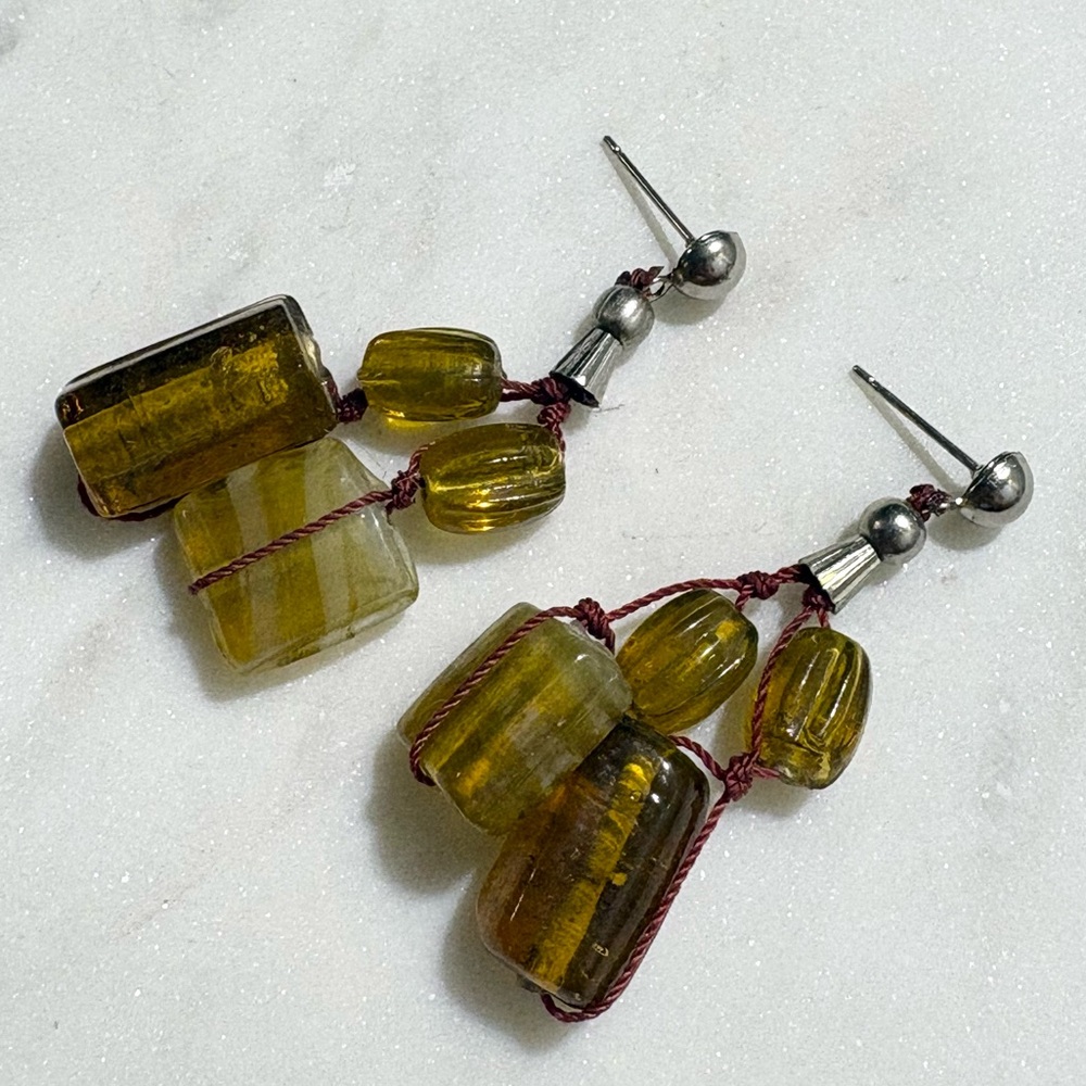 Artisan Geometric Amber Tone Glass Blown Swirl Beaded Dangle Earrings